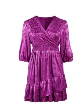 Maison Tara Fuchsia Satin Wrap Ruffle Midi Dress